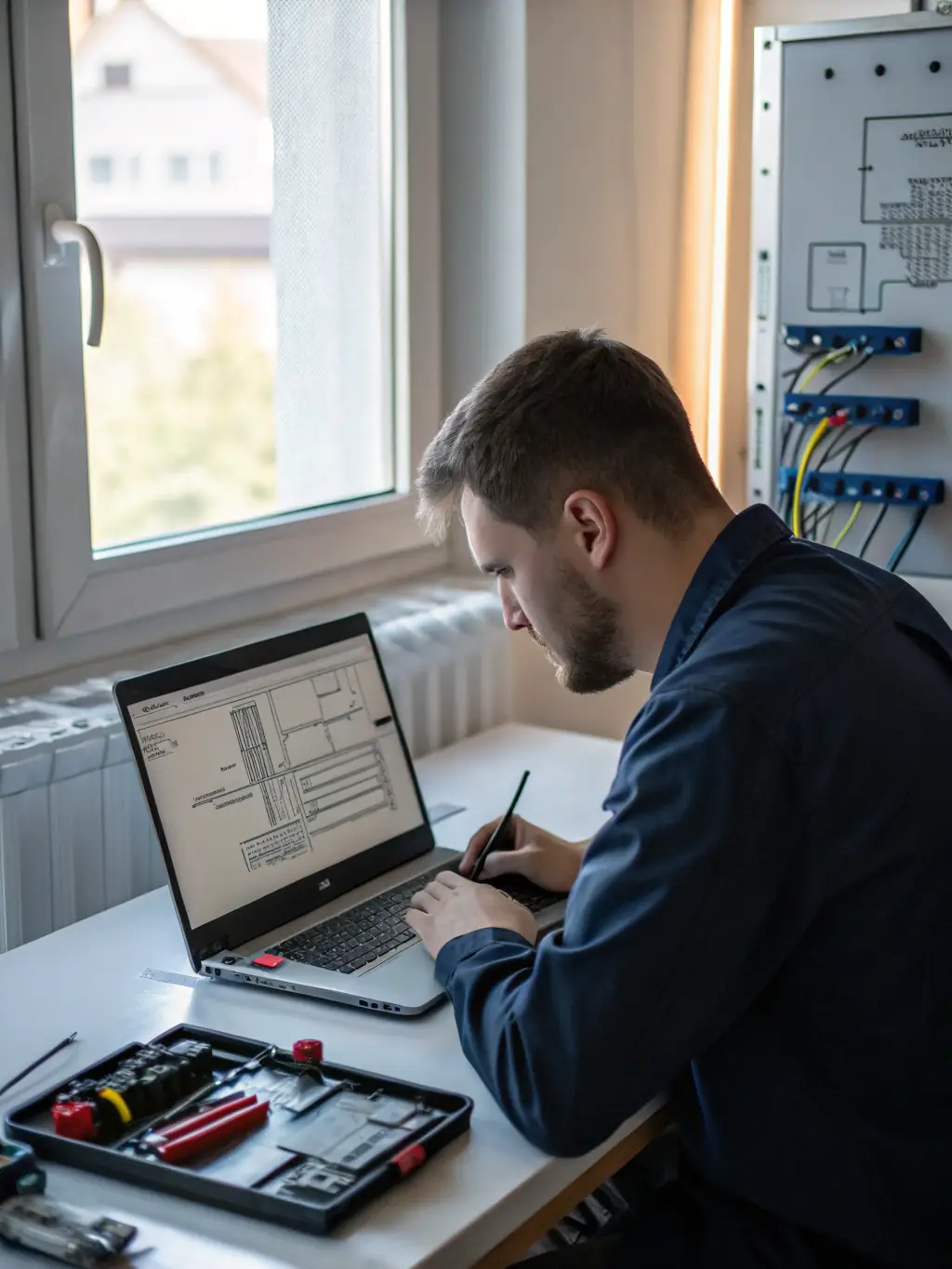 A photo of a technician using network diagnostic tools to ensure network readiness for a VoIP system installation in an Atlanta office.