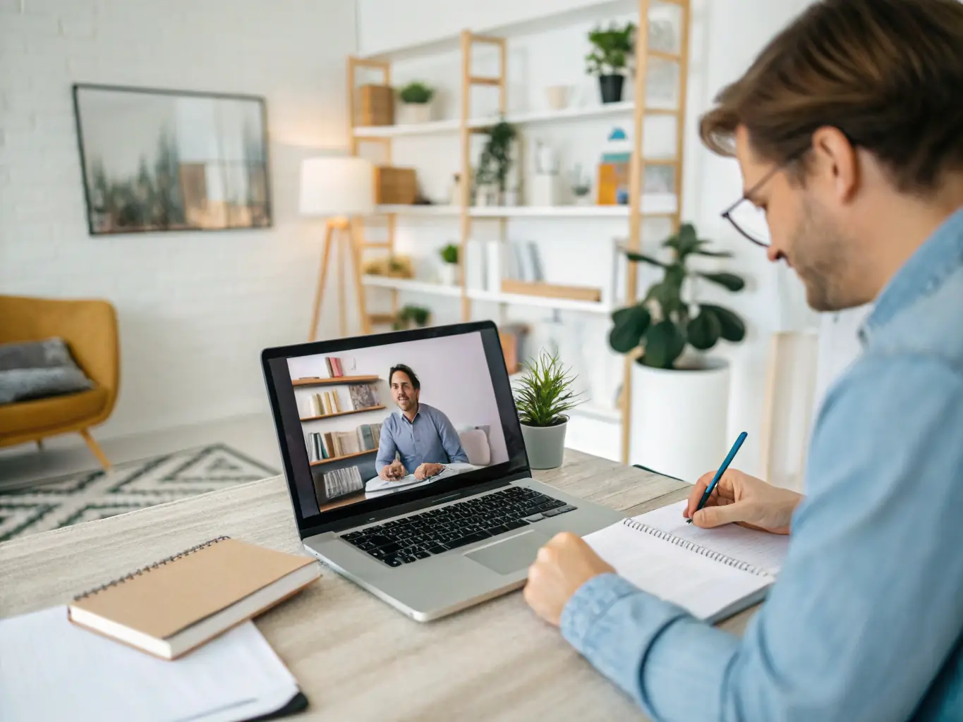 A person working remotely from home using a VoIP softphone on their laptop, highlighting the remote work capabilities.
