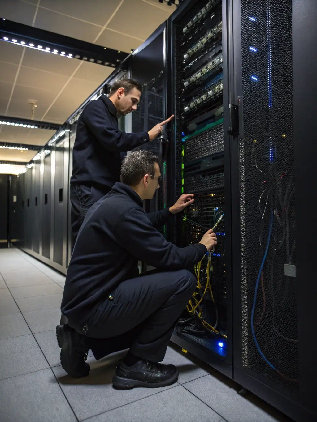 A technician rapidly responding to a phone system outage, working on a server rack with urgency and focus, in a 24/7 network operations center. The image should convey speed and reliability.