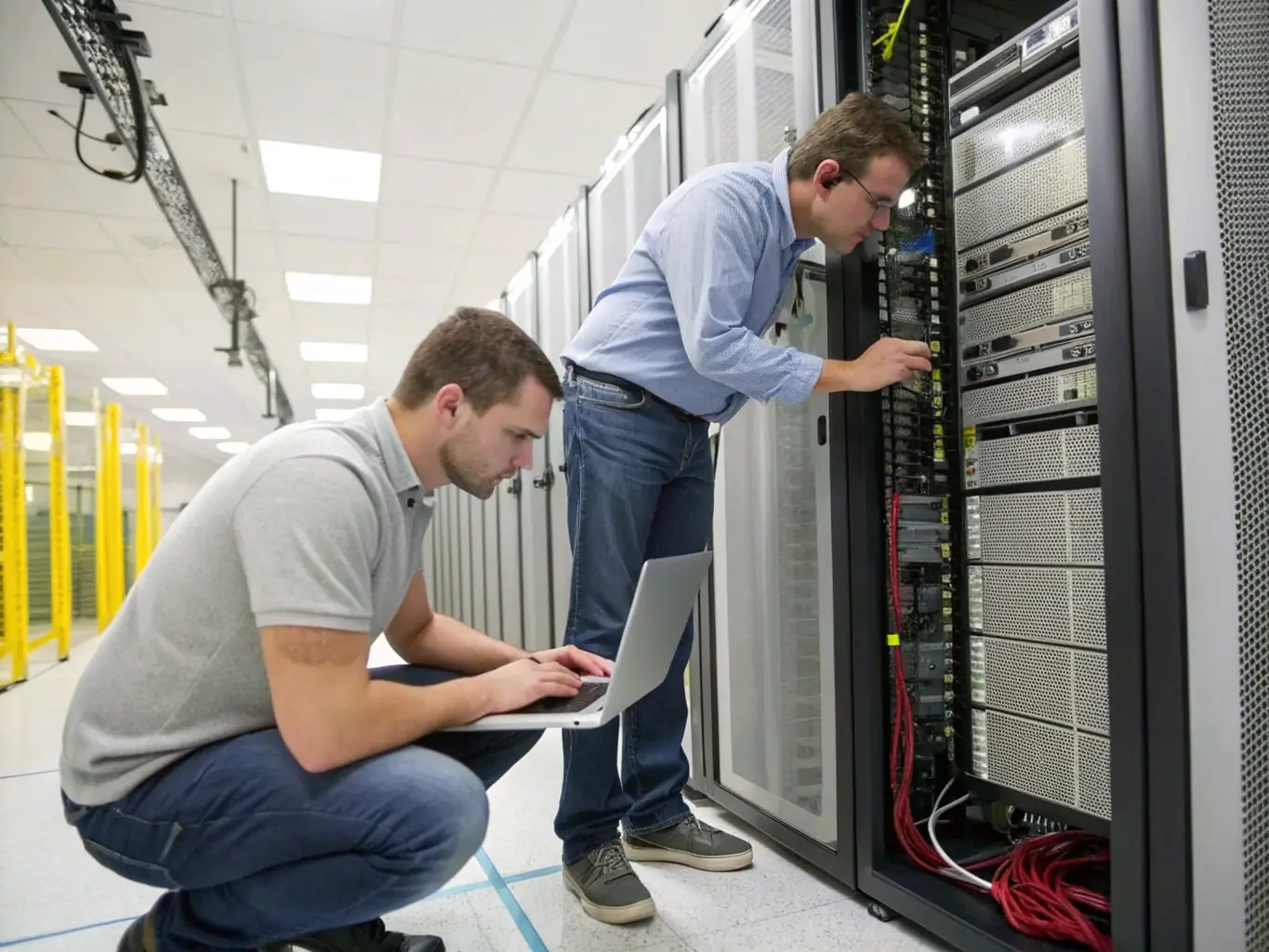A technician troubleshooting a legacy phone system, with network racks and cabling visible in the background, highlighting support and repair services.
