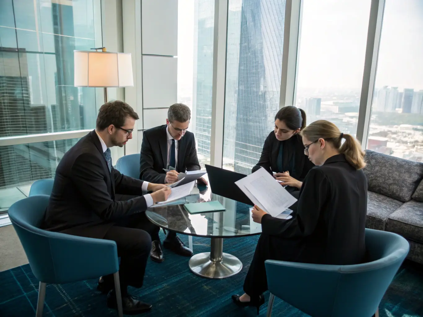 A modern law office setting with lawyers using VoIP phones, showcasing clear communication during a case discussion.