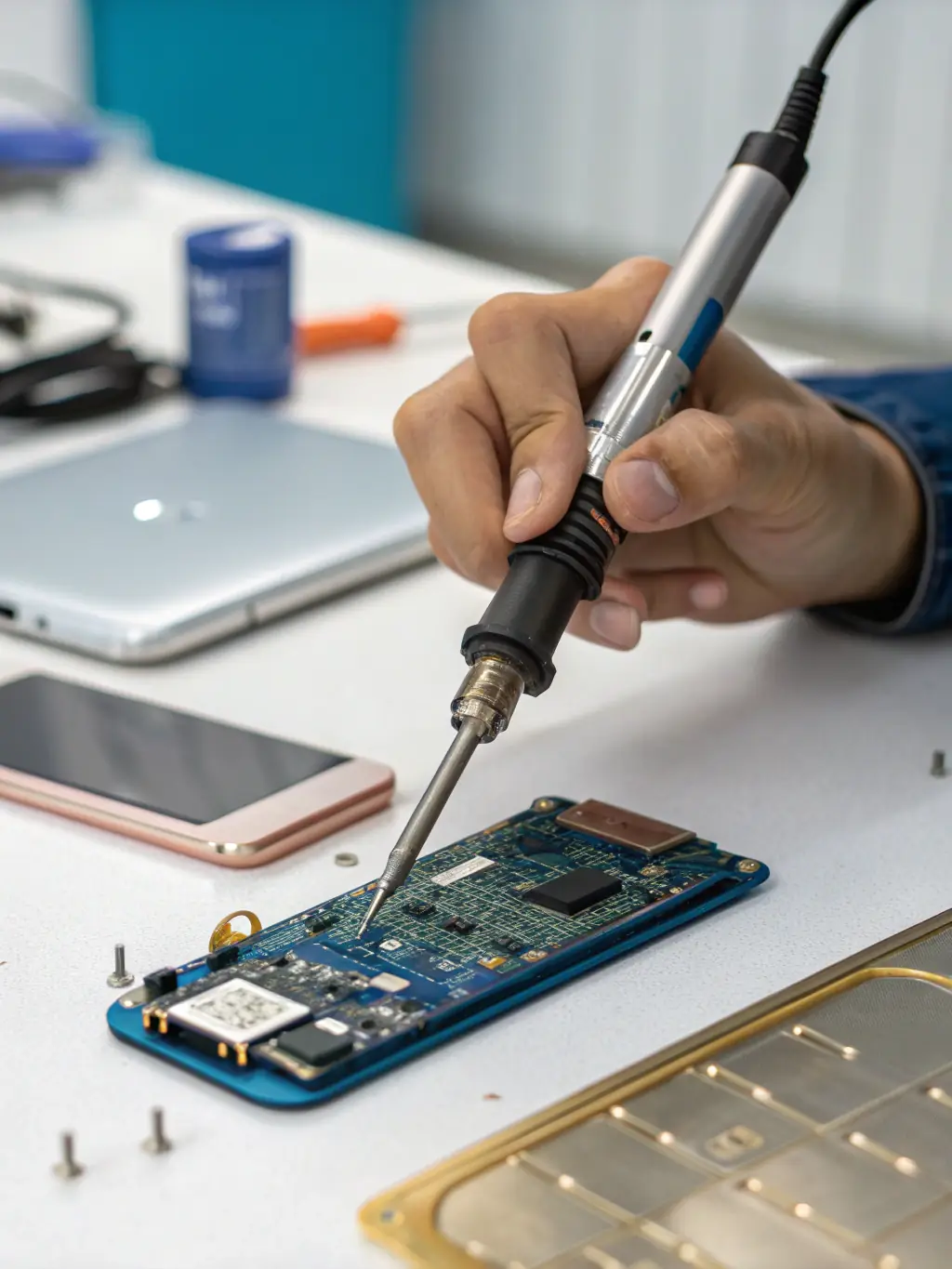 A technician in a blue uniform carefully soldering a circuit board inside a legacy phone system, with various tools and components scattered around the workspace, emphasizing precision and expertise.