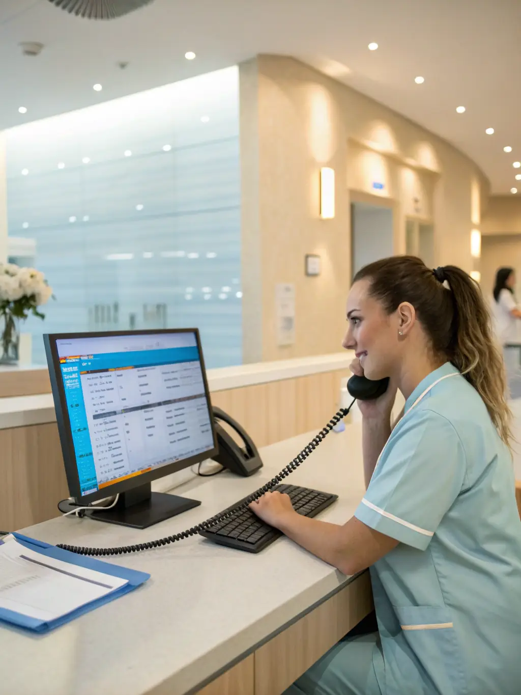 A brightly lit modern doctor's office with staff using VoIP phones, showcasing clear communication and efficient patient management.