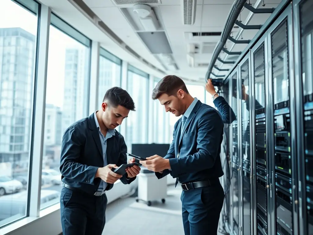 A team of IT professionals installing a wireless network in a modern office, demonstrating the seamless connectivity and coverage provided by the network.