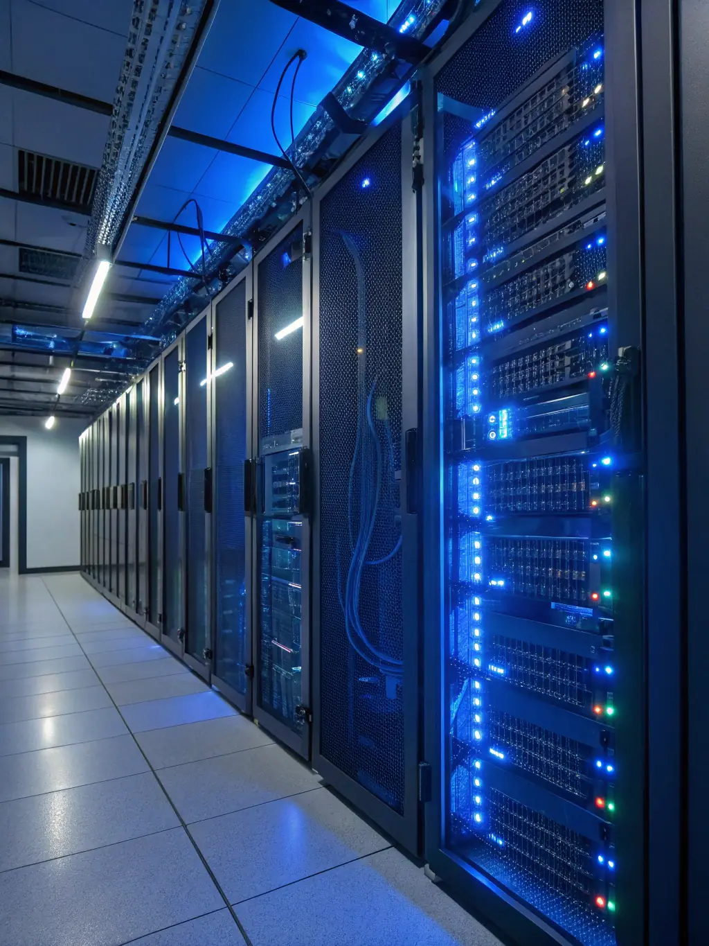A server room with neatly organized racks, representing the infrastructure behind hosted PBX solutions, emphasizing reliability and security.