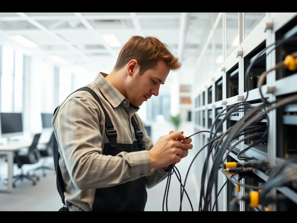 A technician expertly installing a VoIP phone system in a business environment, emphasizing the importance of professional installation for optimal performance.