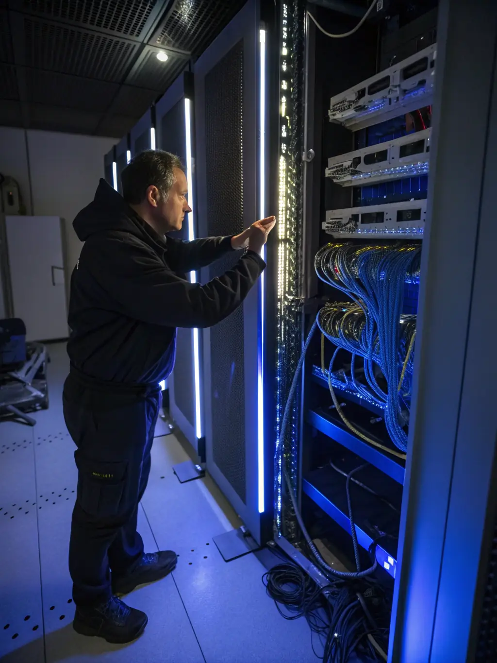 A network engineer meticulously checking network infrastructure with testing equipment, emphasizing Phone Systems Atlanta's commitment to network readiness.