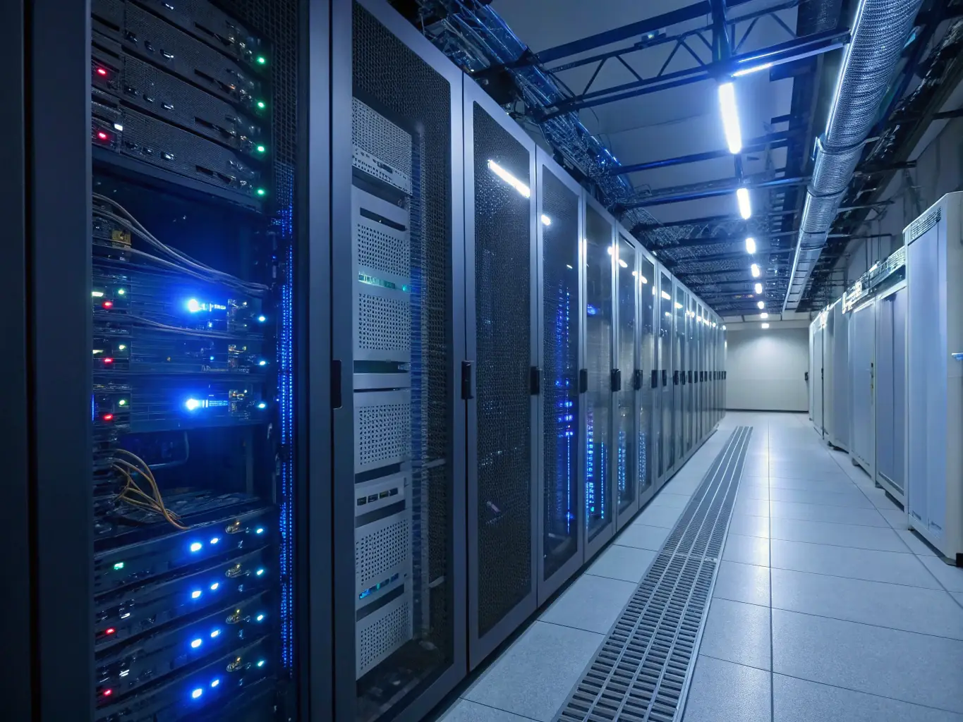 A network server room with blinking lights, symbolizing the robust and reliable infrastructure supporting Phone Systems Atlanta's VoIP services.