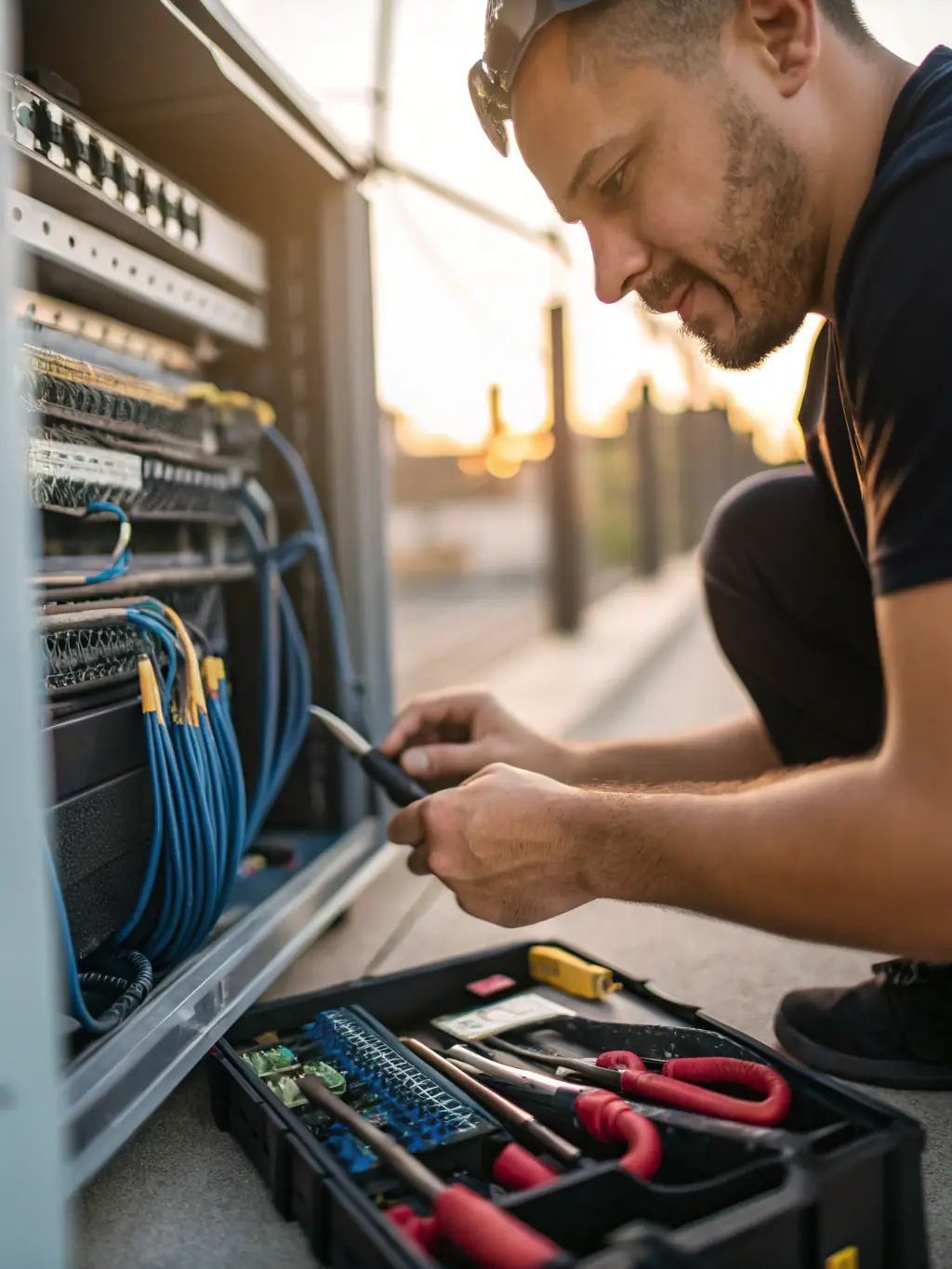 A close-up shot of a technician repairing a VoIP system, highlighting the diagnostic tools and the focus on quick resolution.