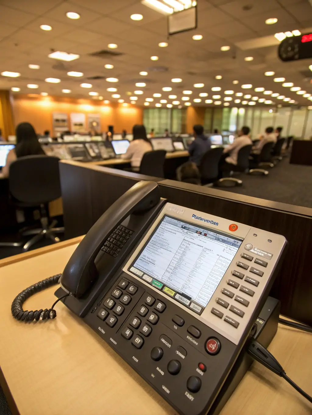 A close-up shot of a Panasonic business phone system, highlighting its features and buttons. The background is a blurred office setting, indicating a functional and reliable communication tool.