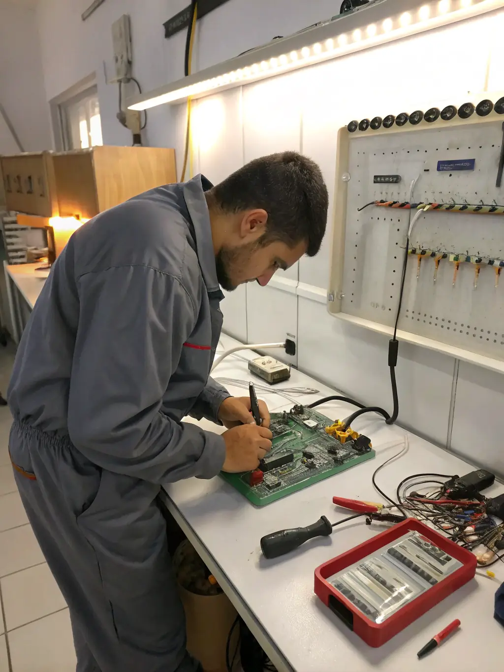 A close-up shot of a technician carefully inspecting the internal components of a legacy phone system, highlighting the precision and expertise required for maintenance.