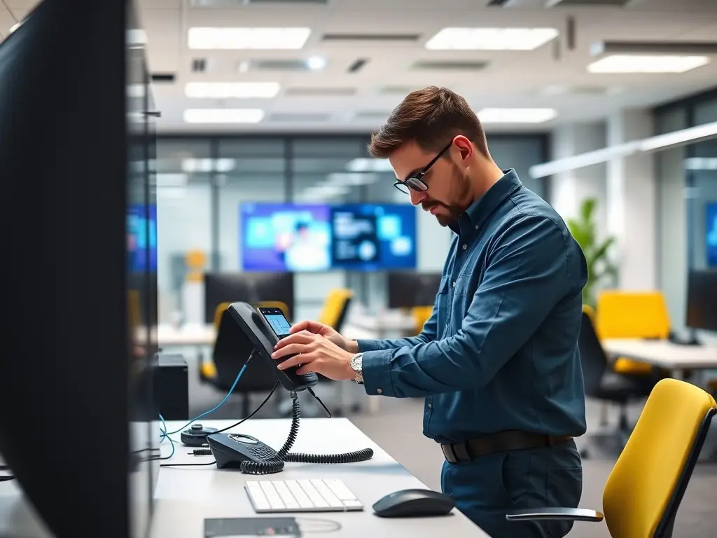 A modern office environment with a technician installing a VoIP phone system, showcasing the seamless integration and setup process.