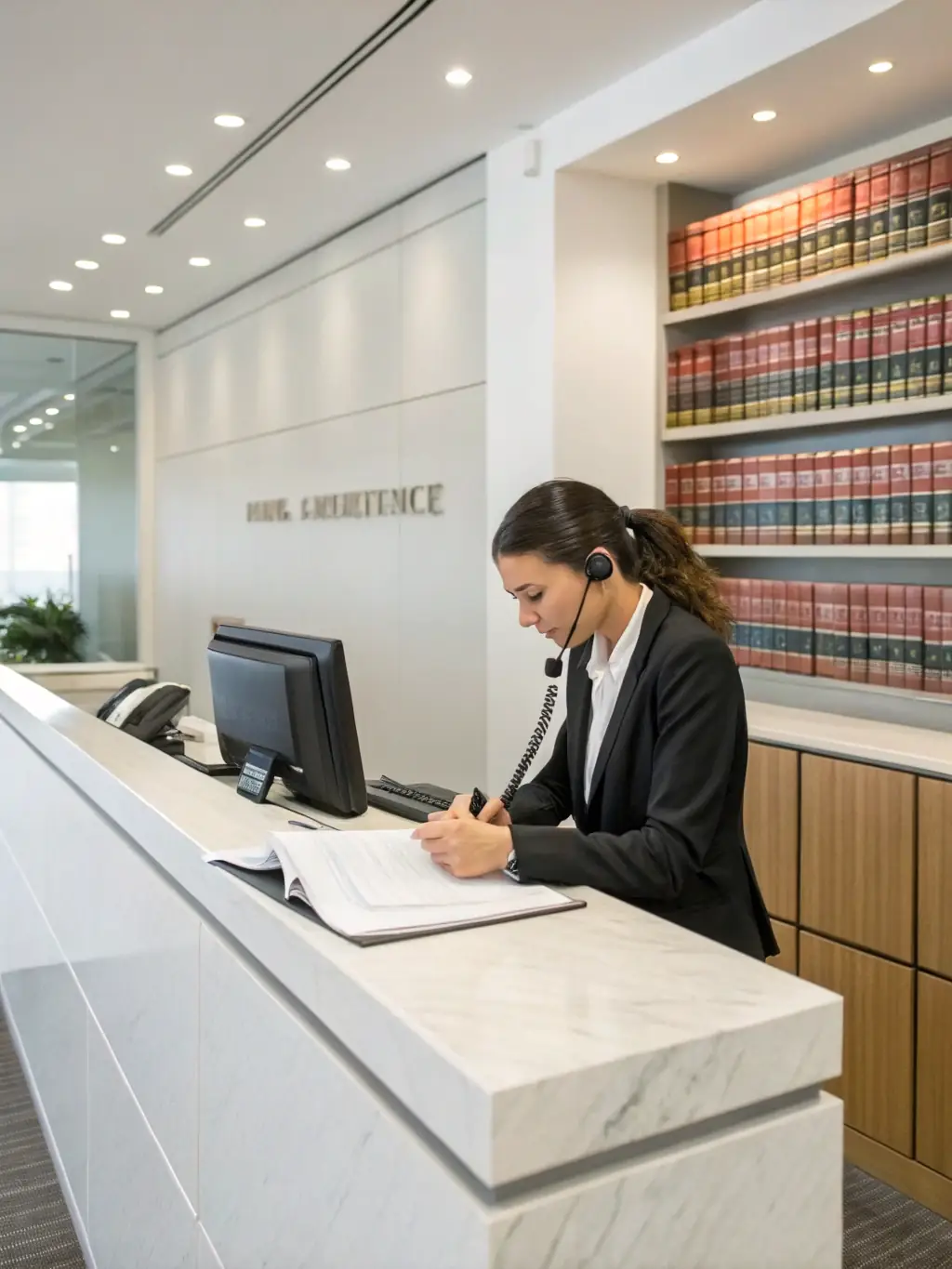 A busy law firm with lawyers using VoIP phones, emphasizing secure and confidential communication for legal matters.