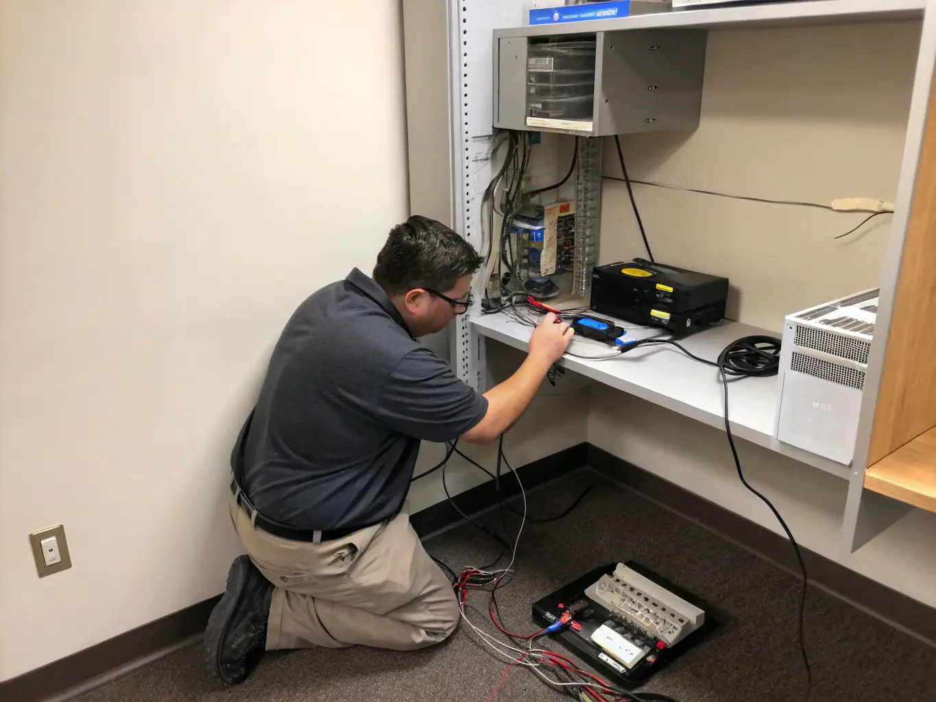 A technician installing a business phone system, emphasizing the importance of professional installation and support for reliable communication.