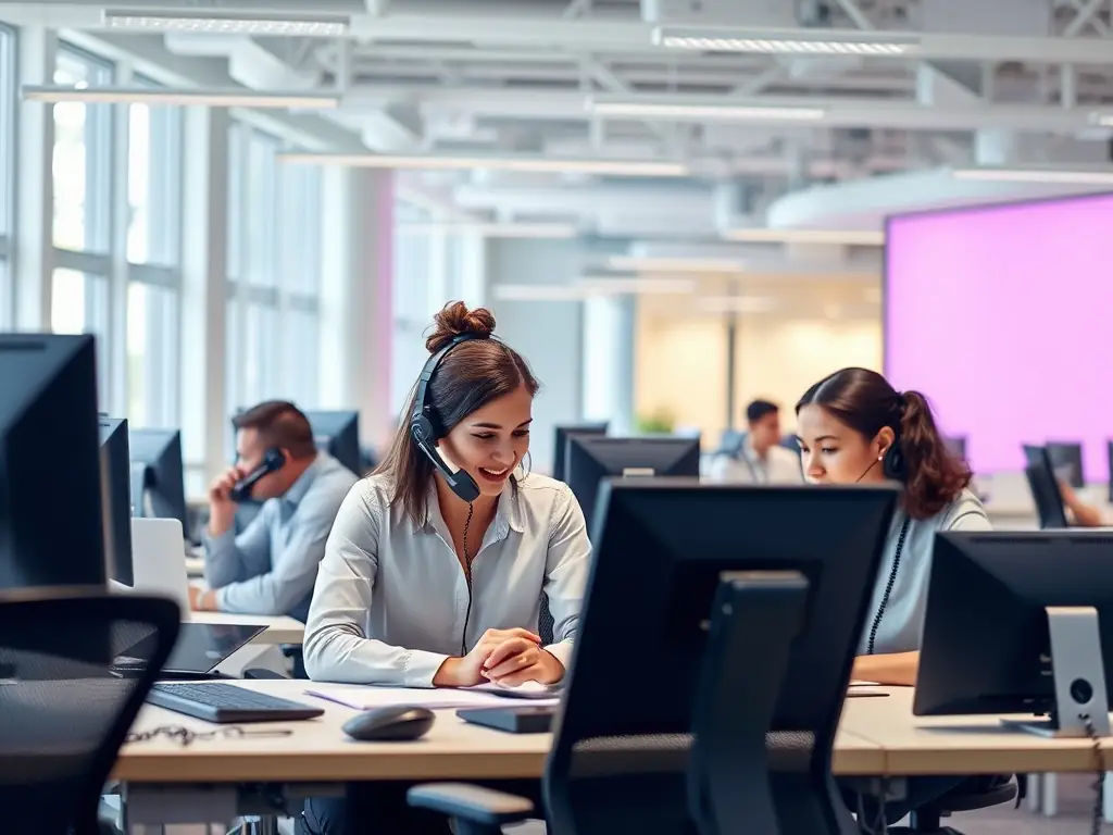 A photo of a modern office setting with Infinity 7005D phones, emphasizing the upgrade from older Panasonic, Mitel, Alcatel, and Toshiba systems.