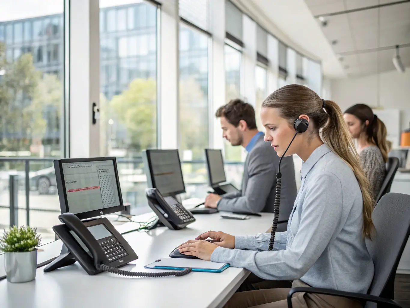A modern office setting with employees collaborating, showcasing the benefits of VoIP phone systems in enhancing communication and productivity.