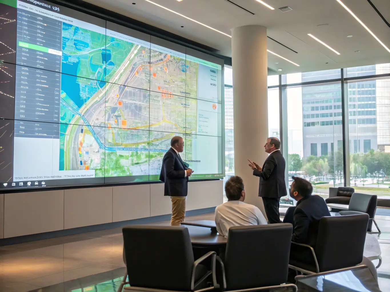 A project manager overseeing a multi-location VoIP deployment on a large screen displaying a map of Lawrenceville and surrounding areas, coordinating installation teams and ensuring seamless integration.
