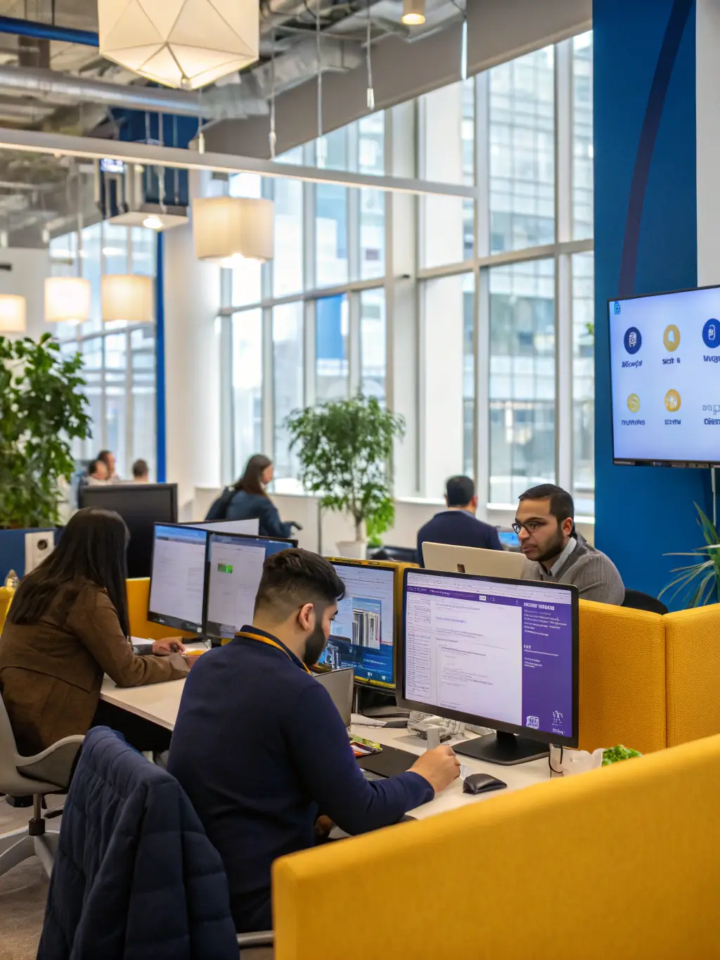 A brightly lit, modern office space with multiple employees working at their desks, showcasing a multi-location business environment that benefits from telecom expense management.