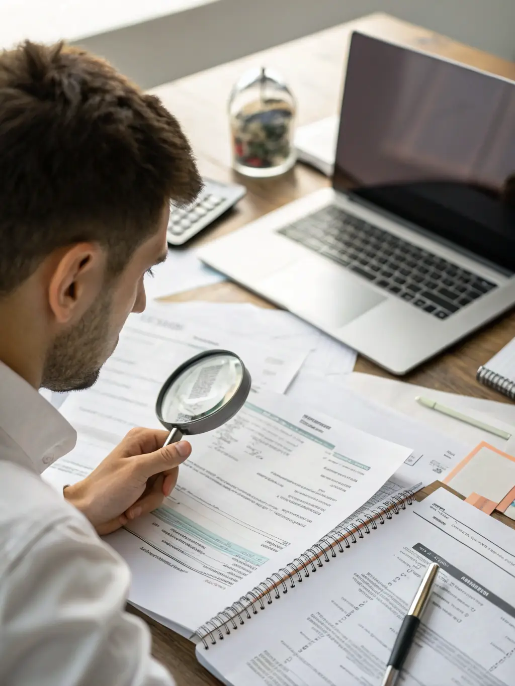 A professional reviewing a telecom contract with a magnifying glass, emphasizing the thoroughness of the contract review service provided by Phone Systems Atlanta.