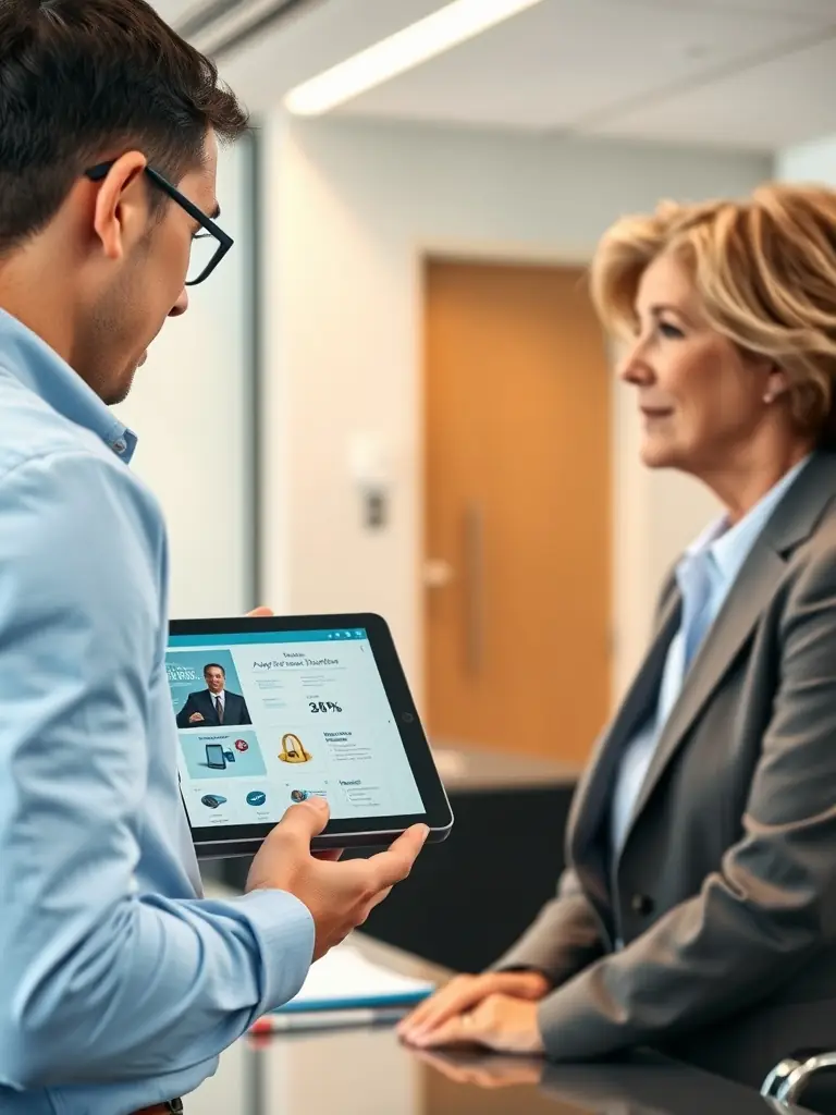 A sales representative presenting the Intermedia Unite platform on a tablet, highlighting its features and benefits to a potential client in Atlanta.