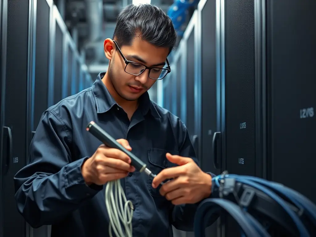 A technician splicing fiber optic cables with precision tools in a data center environment.