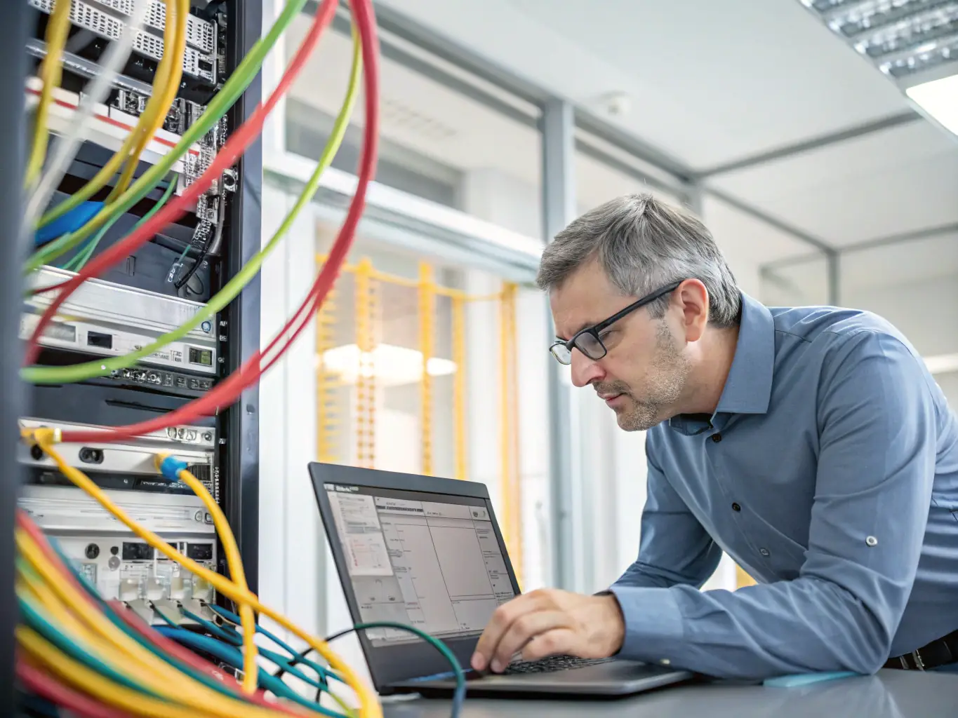 A network engineer meticulously planning a VoIP system design on a digital whiteboard, surrounded by network diagrams and technical specifications, in a modern office setting.