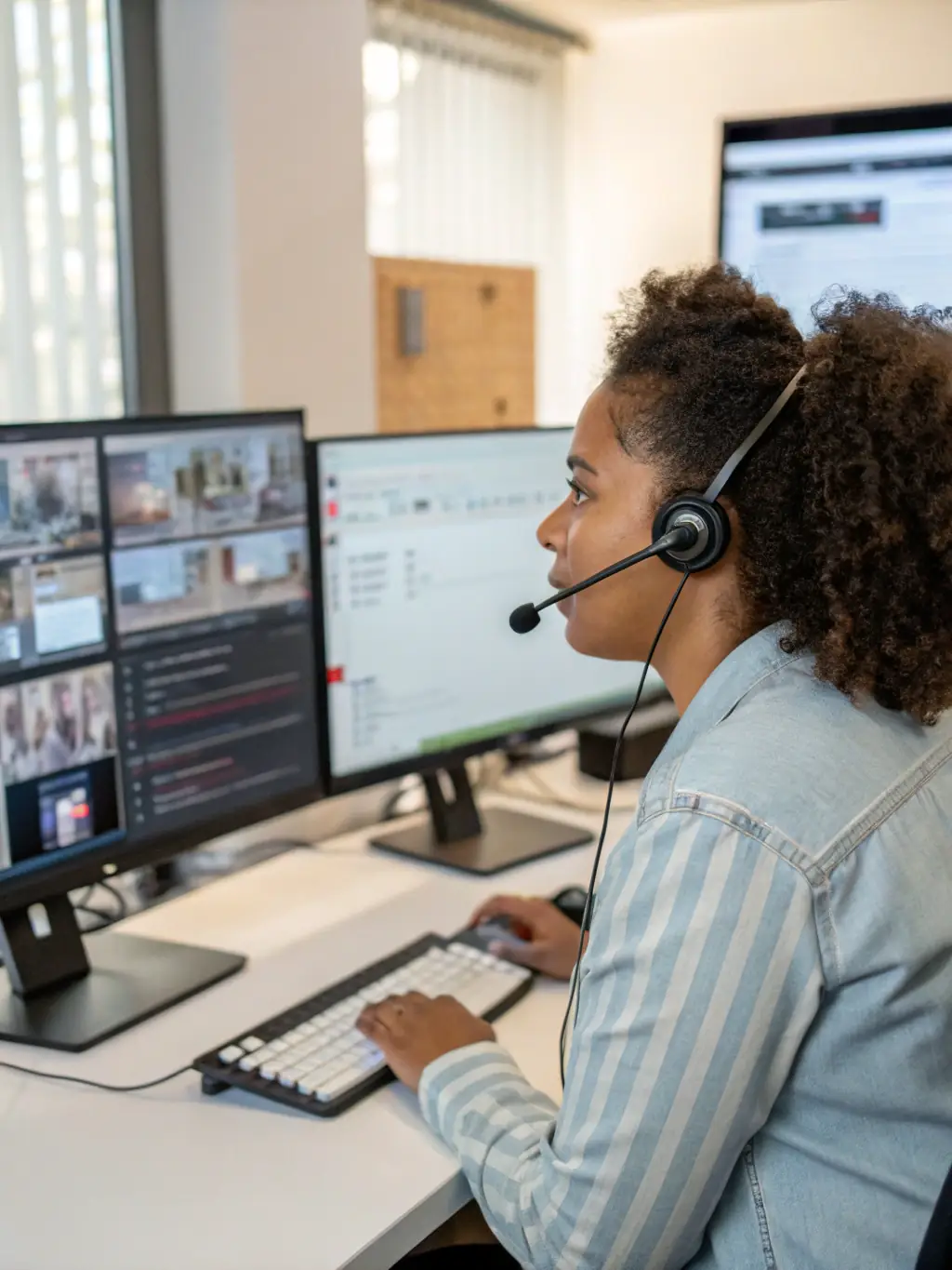 A support technician assisting a client remotely with their Intermedia Unite system, emphasizing the responsiveness and expertise of the support team.