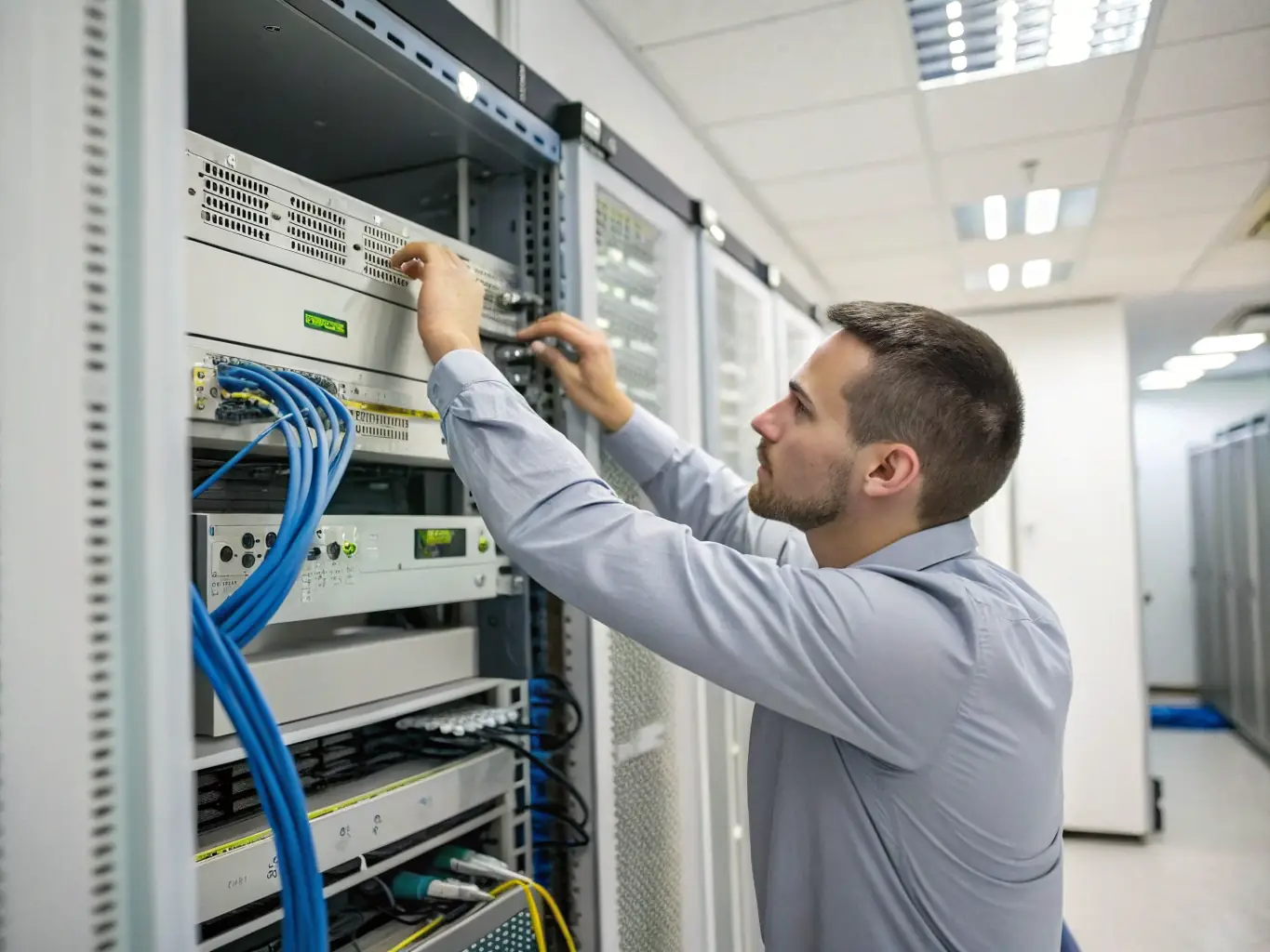A technician performing a network readiness assessment with testing equipment in a server room, highlighting Phone Systems Atlanta's commitment to ensuring network readiness.