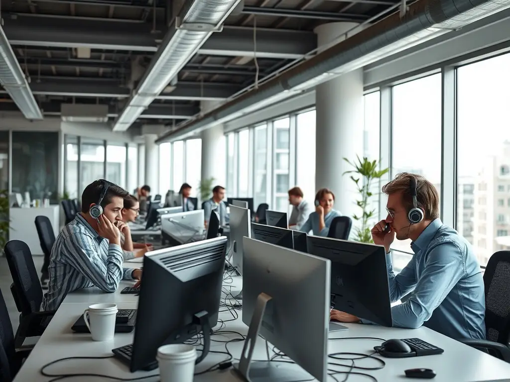 A well-lit office environment featuring a modern VoIP phone on a desk, with a blurred background showing employees collaborating.