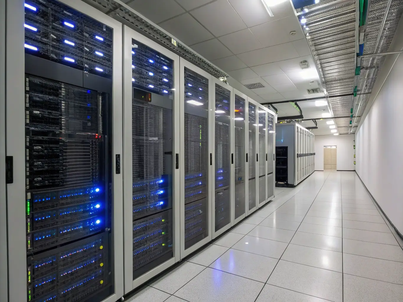A server room with cloud infrastructure, highlighting the reliability and accessibility of cloud-based communication solutions.