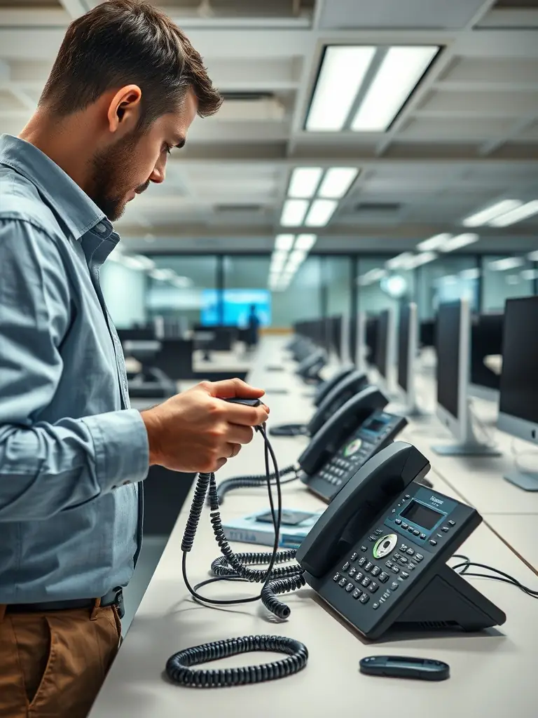 A technician installing the Infinity 7005D phone using existing single-pair wiring, showcasing the simplicity and cost savings.