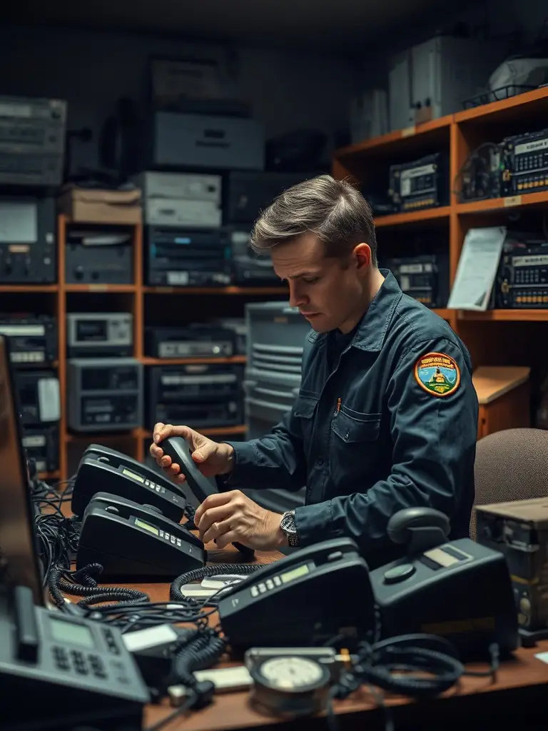 A technician working on an older Nortel phone system, with various tools and equipment visible. The setting is a well-maintained server room, emphasizing the company's commitment to legacy systems.
