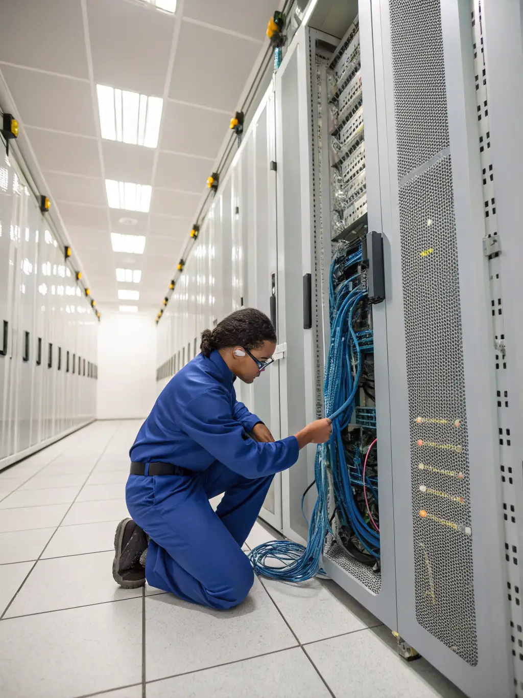 A photo of a network technician meticulously inspecting network cables in a server room, ensuring optimal network performance for a Duluth business.