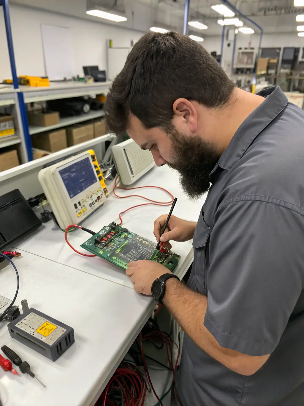A technician repairing a circuit board inside a legacy phone system, with various tools and components visible.