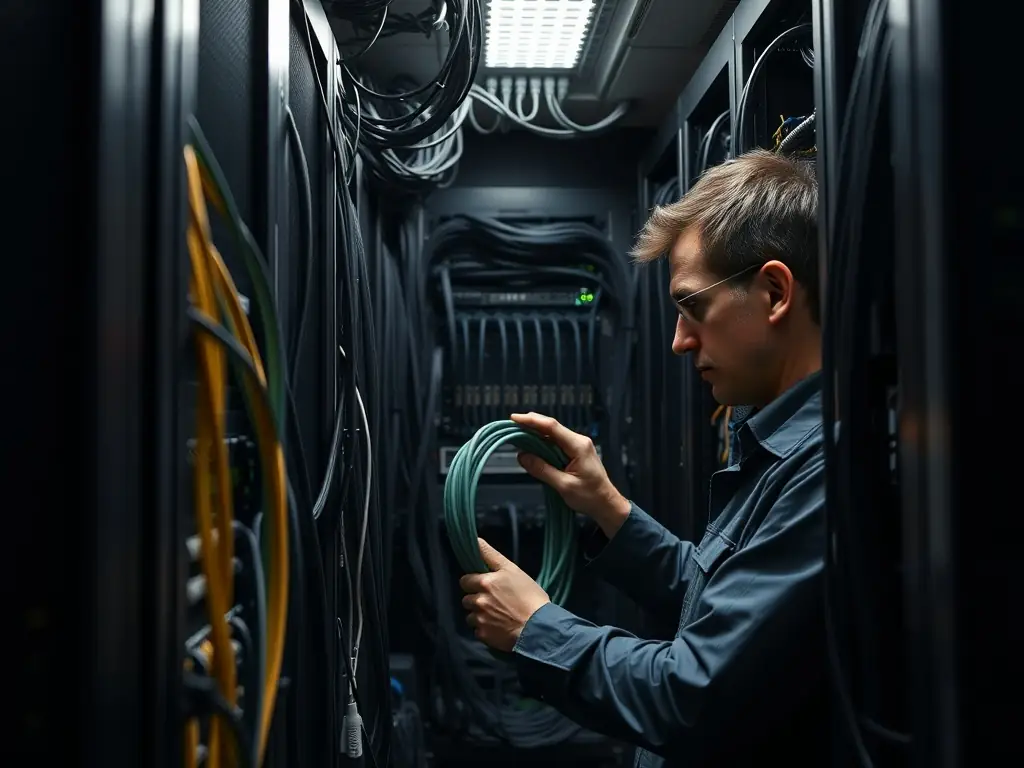 A photo of a technician carefully disconnecting phone cables in a server room, with a focus on organization and labeling to ensure a smooth reconnection process during an office move.