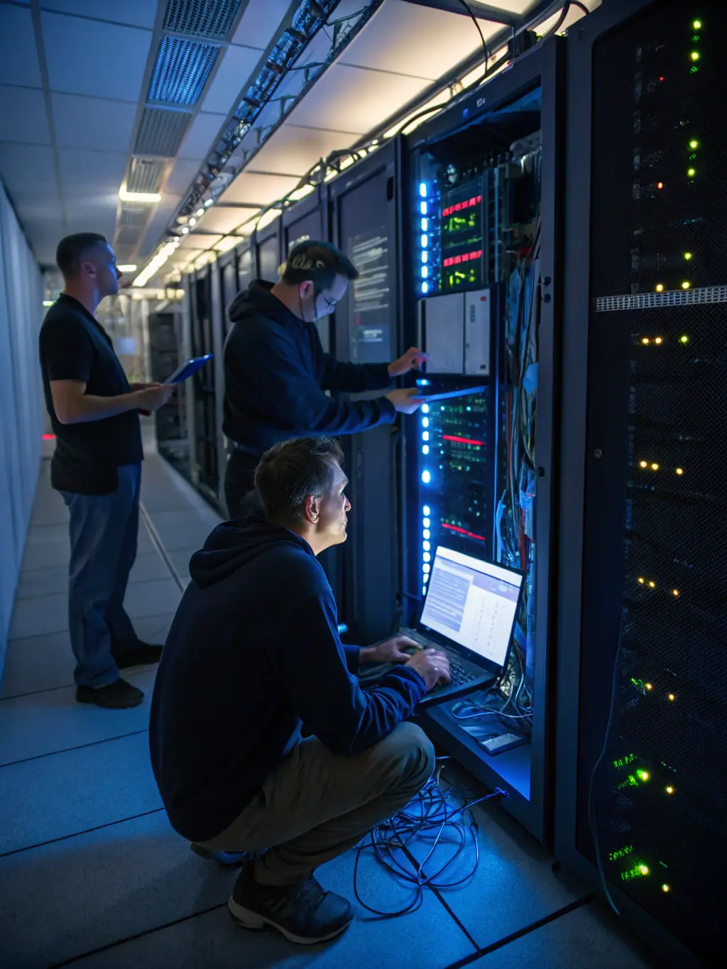 Network racks with technicians performing maintenance, with Atlanta skyline visible outside the window, representing Support & Repair Services.