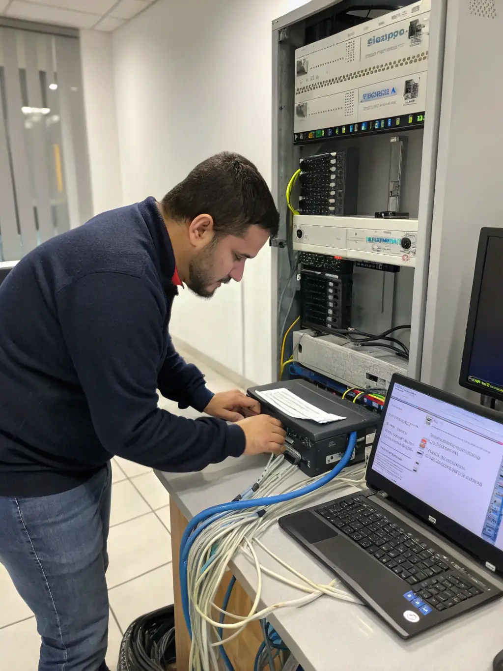 A professional technician installing a business phone system in a modern office environment, showcasing DataTel 360's expertise in on-site installation.