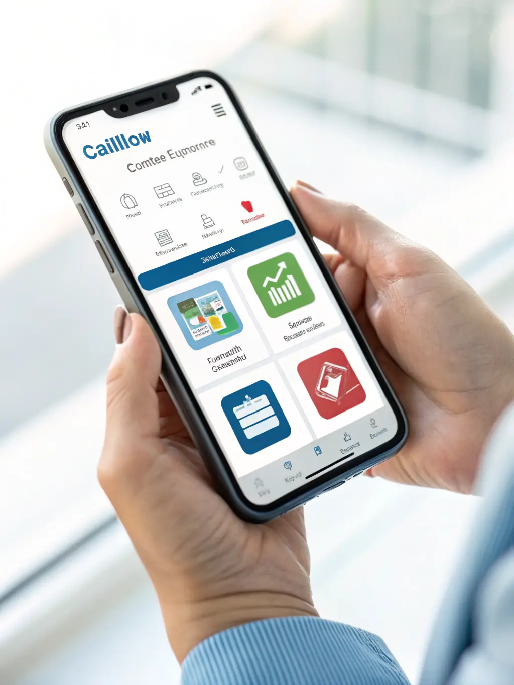 An image of a mobile phone displaying a business communication app interface, highlighting the ability to make and receive calls on the go.