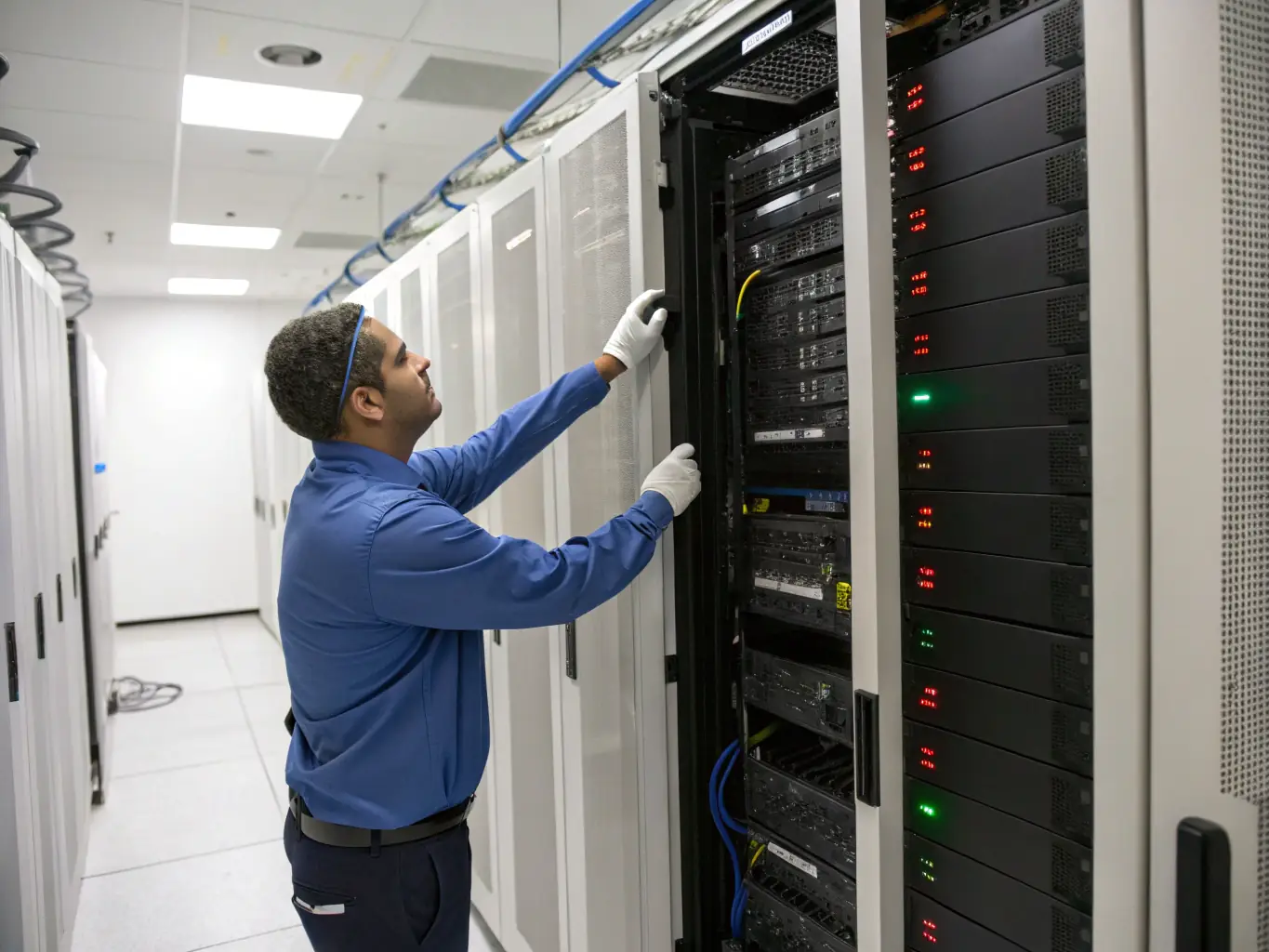 A technician working on an Avaya phone system in a server room, showcasing the complexity and expertise required for legacy system maintenance.
