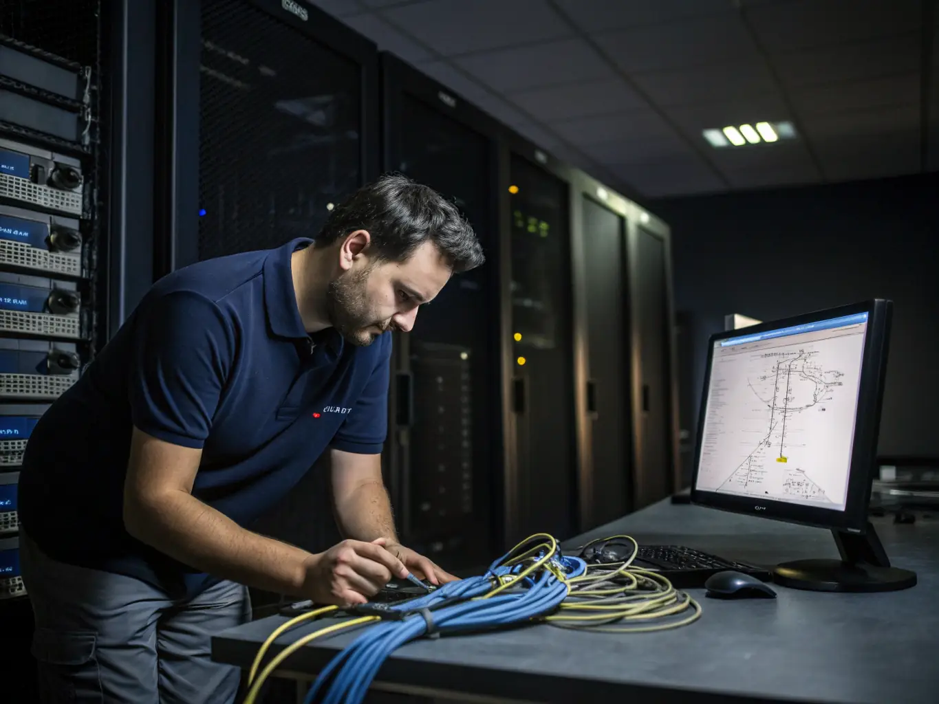 A professional IT technician configuring a Zultys phone system in a server room, highlighting the technical expertise of Phone Systems Atlanta.
