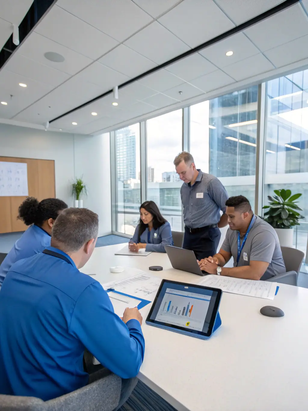 A project manager coordinating with an IT specialist during a phone system relocation, using a tablet to review the relocation plan.