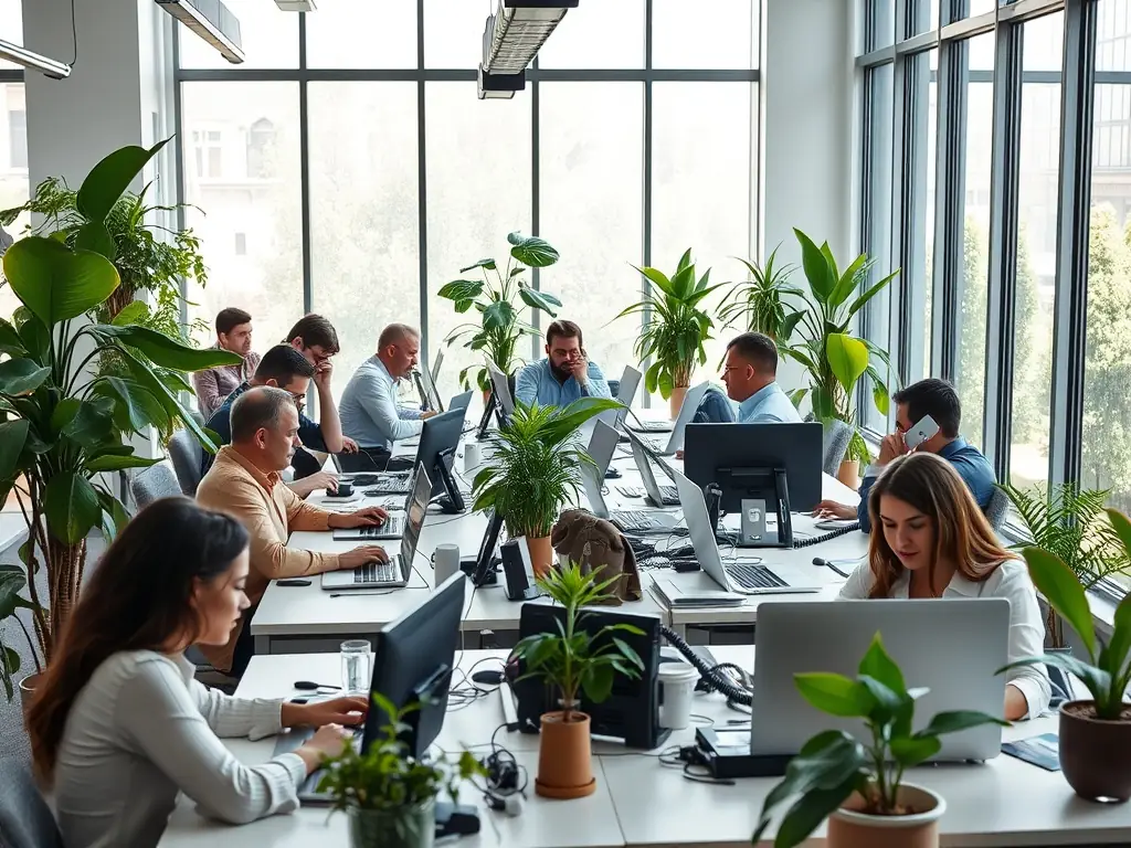 A modern office setting with employees collaborating using a VoIP phone system, showcasing the efficiency and connectivity of business communications.