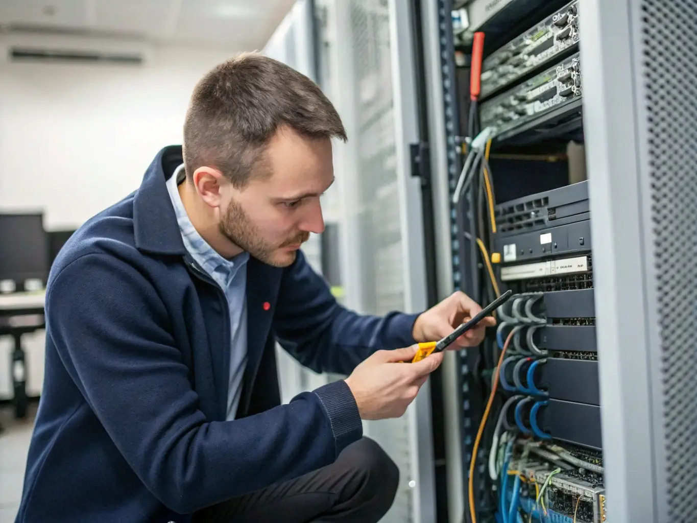A technician repairing a legacy phone system, emphasizing the company's expertise in supporting older technologies.