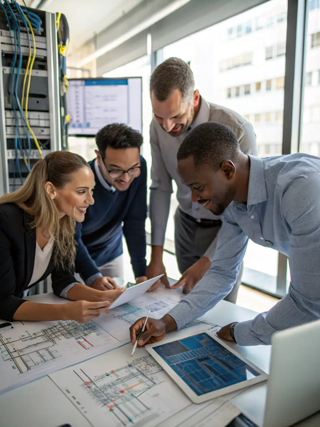 A detailed image of Phone Systems Atlanta's team collaborating with a Roswell business client during the design phase of a VoIP system installation, showcasing the collaborative and customized approach.
