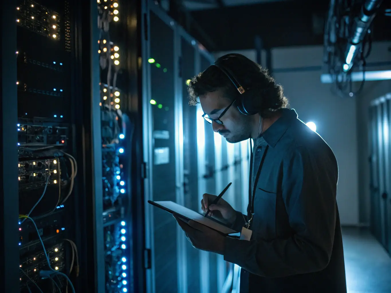 A professional engineer meticulously inspecting network cables in a server room, ensuring optimal performance and reliability for Phone Systems Atlanta's clients.