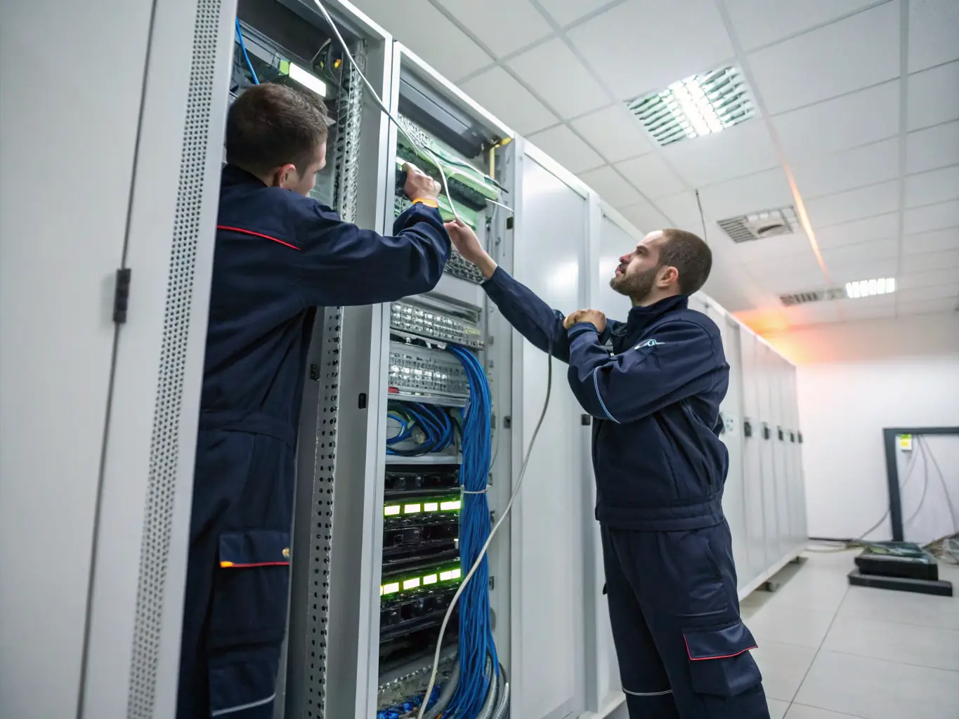 A technician carefully crimps an ethernet cable in a server room, highlighting the precision required for reliable network connections during phone system installation.