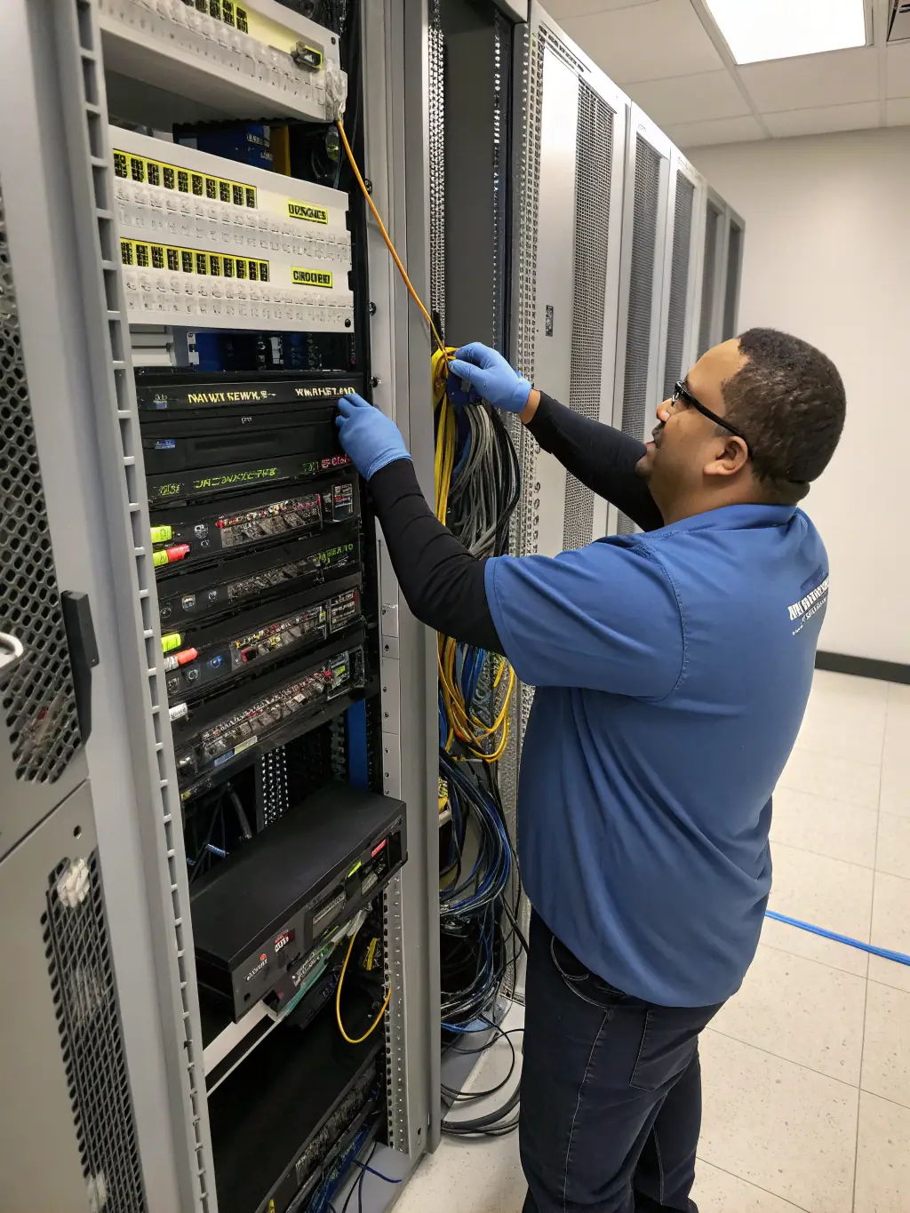 A network engineer using a sophisticated network analyzer to assess the readiness of a business's network for VoIP implementation, with cables and servers visible in the background. The image should convey thoroughness and technical expertise.