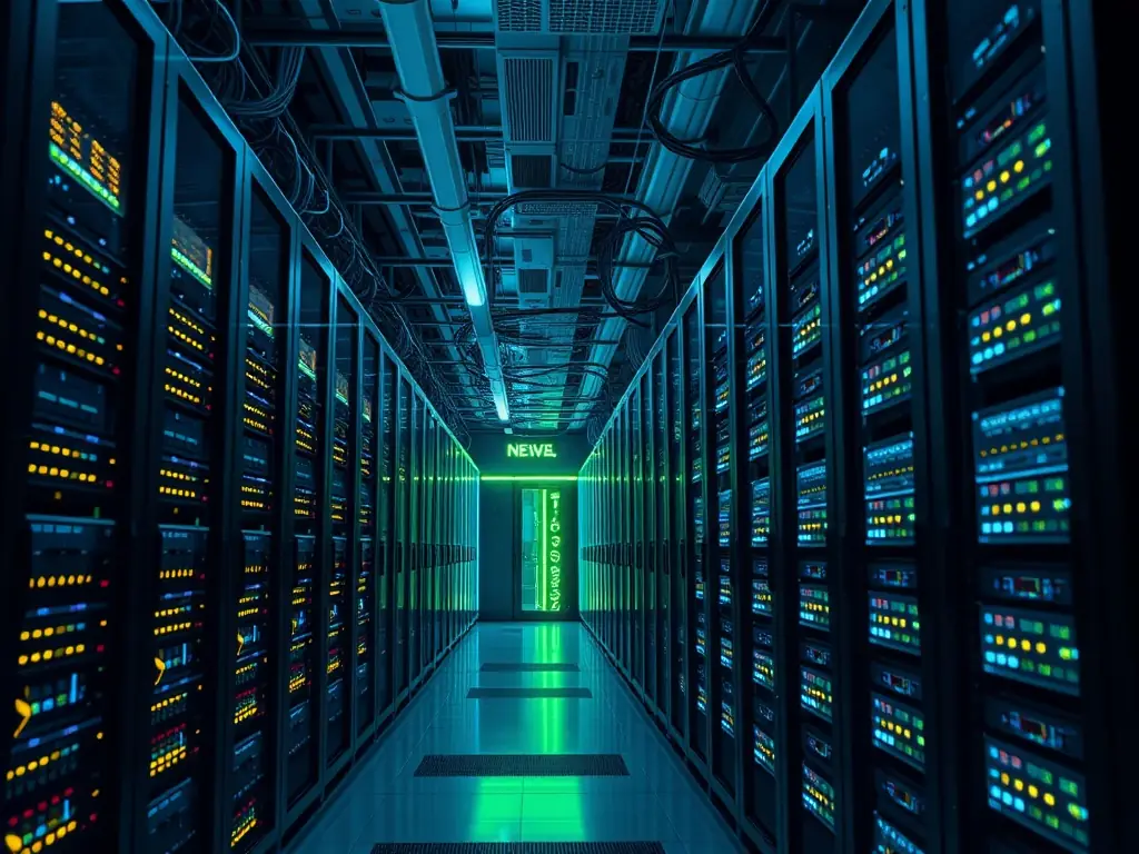 A modern VoIP phone system server rack in a data center, with blinking lights and neatly organized cables, symbolizing the advanced technology and infrastructure used for VoIP support and maintenance.
