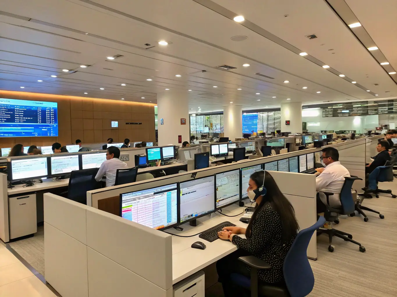 A financial services office with employees using advanced VoIP features for client management and secure transactions.