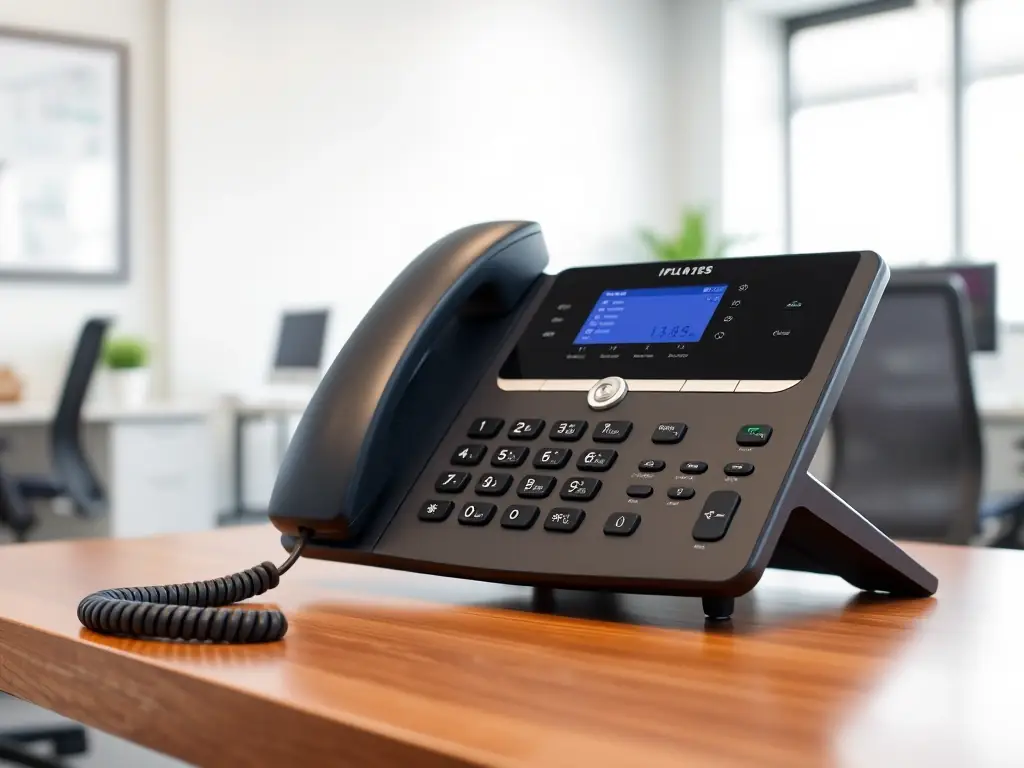 A clear and crisp image of a Yealink IP phone on a desk, highlighting its user-friendly interface and advanced features.